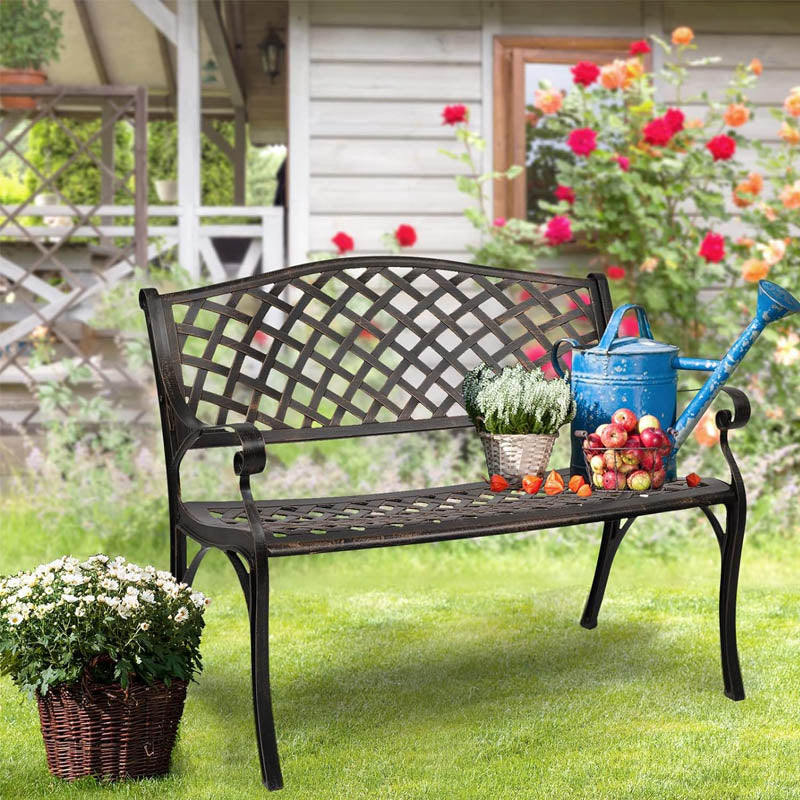 40.5" Park Benches Anti- Rust Cast Aluminum Patio Bench with Backrest and Armrests for Garden Park Yard Front Porch
