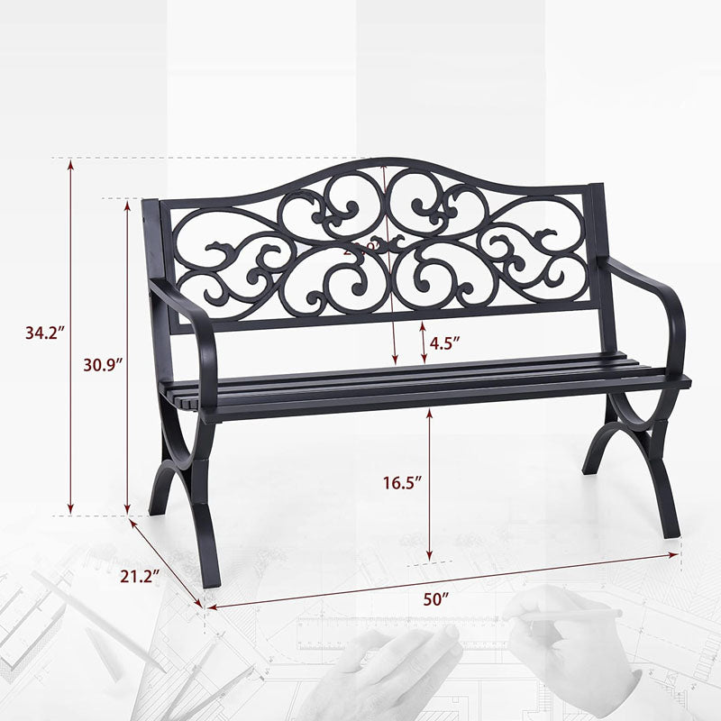 50 inch Park Benches Outdoor Garden Bench Patio Park Bench with Floral Design Backrest for Porch Yard Lawn Deck Black