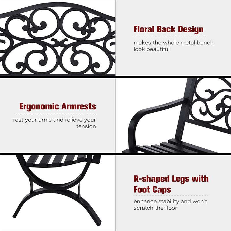 50 inch Park Benches Outdoor Garden Bench Patio Park Bench with Floral Design Backrest for Porch Yard Lawn Deck Black