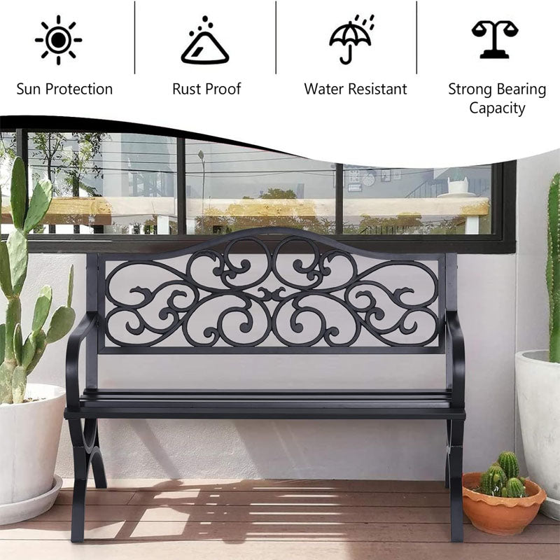 50 inch Park Benches Outdoor Garden Bench Patio Park Bench with Floral Design Backrest for Porch Yard Lawn Deck Black