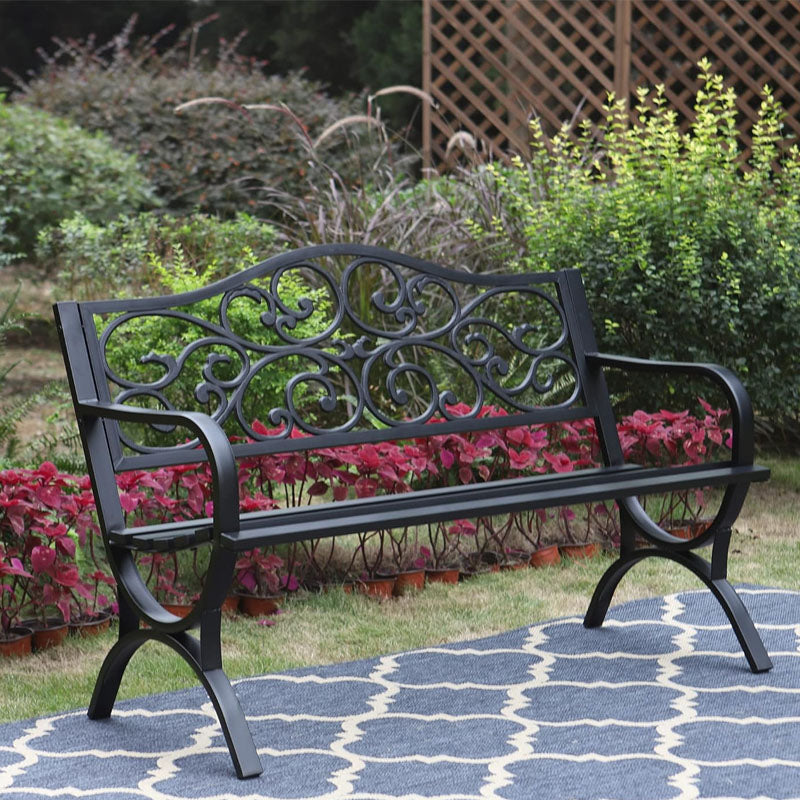 50 inch Park Benches Outdoor Garden Bench Patio Park Bench with Floral Design Backrest for Porch Yard Lawn Deck Black