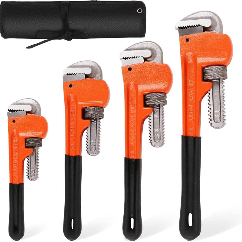 4-Piece Pipe Wrench Set 8" 10" 12" 14" Aluminum Straight Pipe Wrench Adjustable Plumbing Wrench with Storage Bag