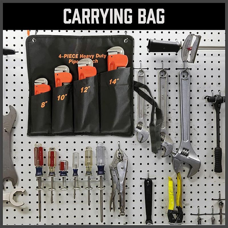 4-Piece Pipe Wrench Set 8" 10" 12" 14" Aluminum Straight Pipe Wrench Adjustable Plumbing Wrench with Storage Bag