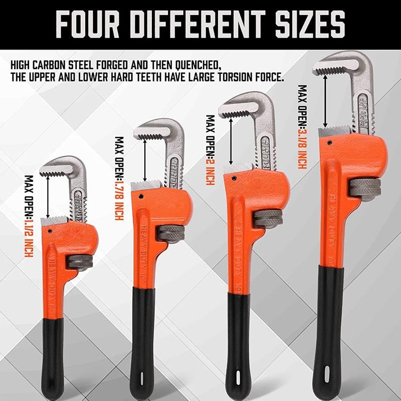 4-Piece Pipe Wrench Set 8" 10" 12" 14" Aluminum Straight Pipe Wrench Adjustable Plumbing Wrench with Storage Bag