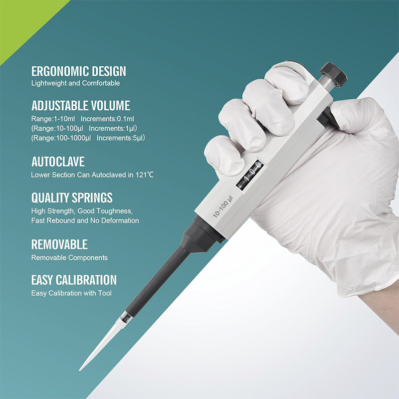 Lab Micropipette, Adjustable Pipettor Micropipette, 10-100μl Lab Single Channel High Accurate Adjustable Variable Volume Pipettors