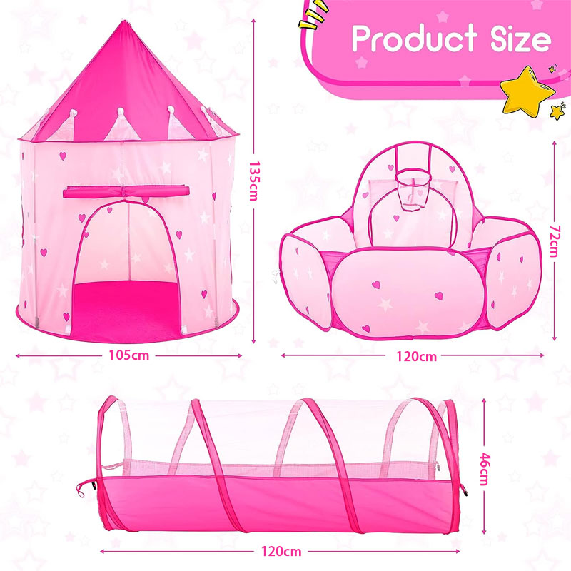 3-Piece Kids Play Tent For Girls With Ball Pit, Crawling Tunnel, Princess Tent For Toddlers