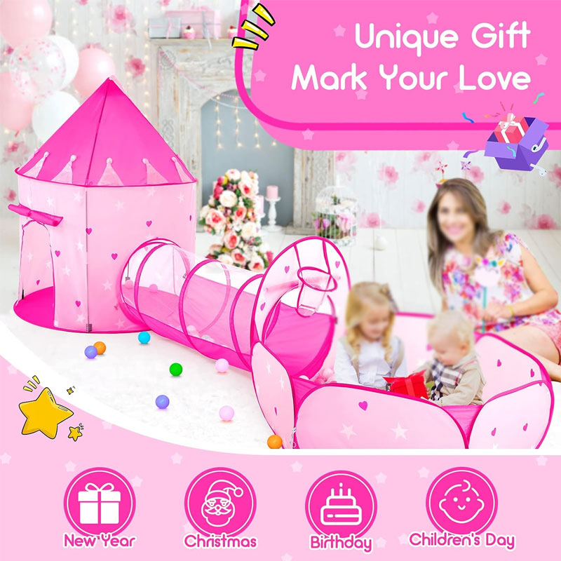 3-Piece Kids Play Tent For Girls With Ball Pit, Crawling Tunnel, Princess Tent For Toddlers