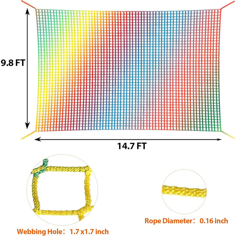 Playground Safety Net 14.7' x 9.8', Children's Double Layer Climbing Cargo Net For Tree House, Backyard, Rainbow Rope Bridge Net