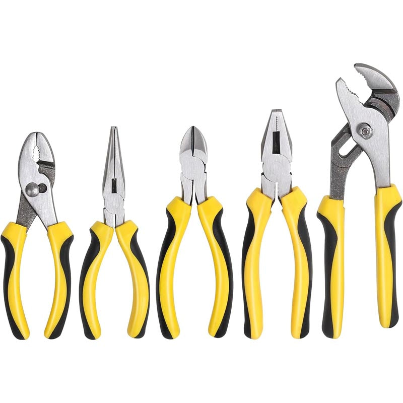 5-Piece Pliers Set Included 8" Groove Joint Pliers, 7" Linesman Pliers, 6" Long Nose Pliers, 6" Slip Joint Pliers, 6" Diagonal Pliers