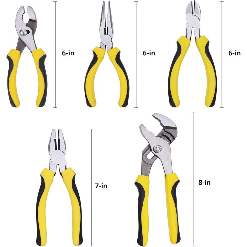 5-Piece Pliers Set Included 8" Groove Joint Pliers, 7" Linesman Pliers, 6" Long Nose Pliers, 6" Slip Joint Pliers, 6" Diagonal Pliers