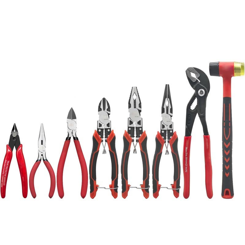 8-Piece Plier Set Including 10” Groove Joint Pliers, 8.3” Long Nose, 8.3” Linesman, 7.5” Diagonal, 6” Flush Cutter, 5” Long Nose, 5” 170 Cutter