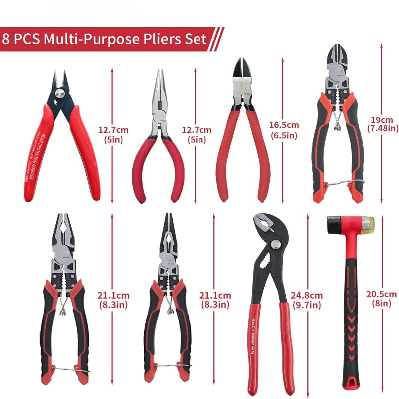 8-Piece Plier Set Including 10” Groove Joint Pliers, 8.3” Long Nose, 8.3” Linesman, 7.5” Diagonal, 6” Flush Cutter, 5” Long Nose, 5” 170 Cutter
