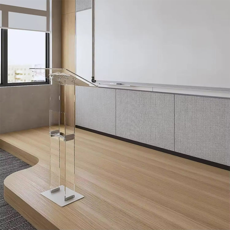 46.1" Clear Acrylic Podium Stand With Metal Base Lucite Lectern Pulpits For Classroom Weddings Churches Speech With Storage Shelf