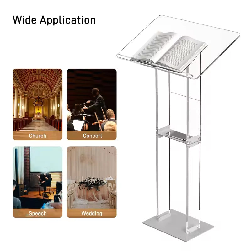 46.1" Clear Acrylic Podium Stand With Metal Base Lucite Lectern Pulpits For Classroom Weddings Churches Speech With Storage Shelf