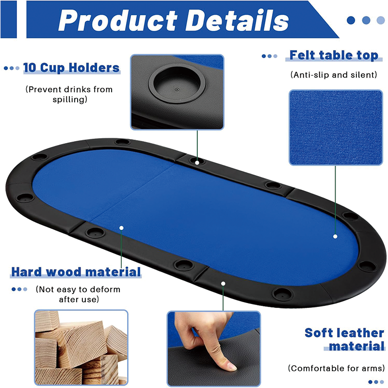 Player Foldable Poker Table Top with 10 Cupholders, 84" Tri Fold Folding Poker Padded Table for 10 Player Family Game