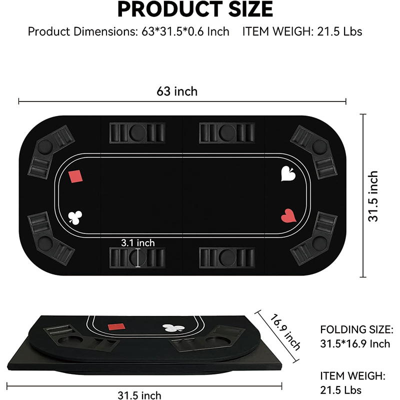 Poker Table Top, 63"X31" 3 in 1 Texas Hold'em Poker Card Tabletop Layout, Foldable Poker Table Craps Mat with Cup Holders for Poker, Blackjack
