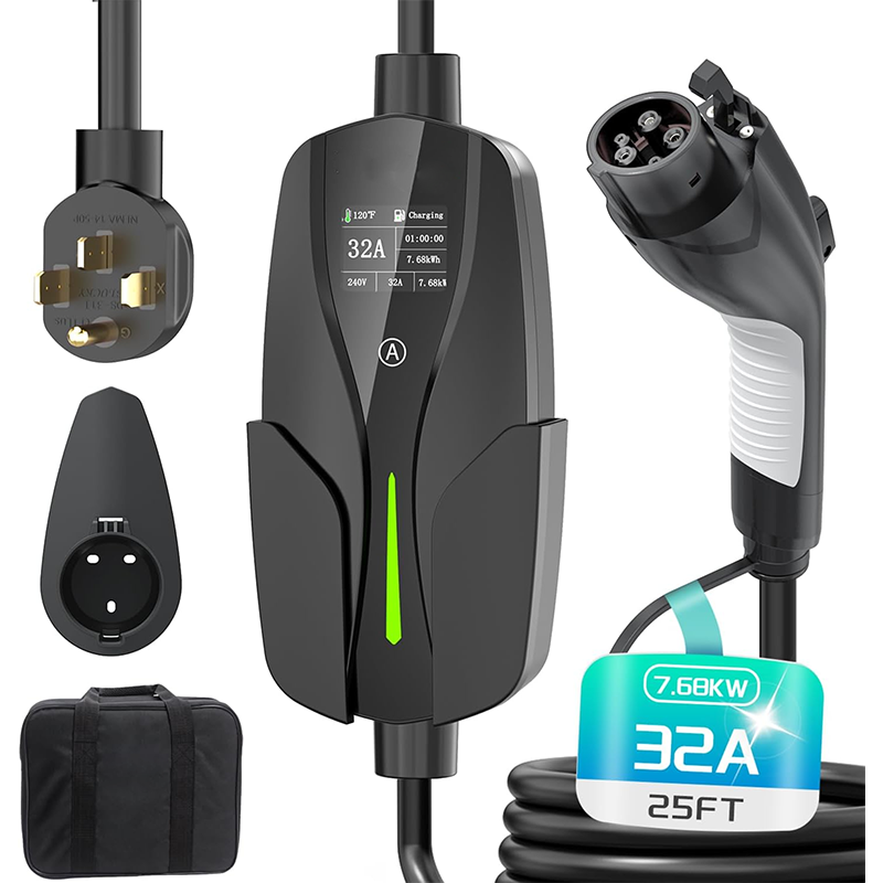 Electric Vehicle Charger (32A, 240V, NEMA 14-50 Plug), Portable Electric Vehicle Charger with 25ft EV Charger Extension Cord, Adjustable Current, Home Outdoor Mobile Electric Vehicle Charging Station
