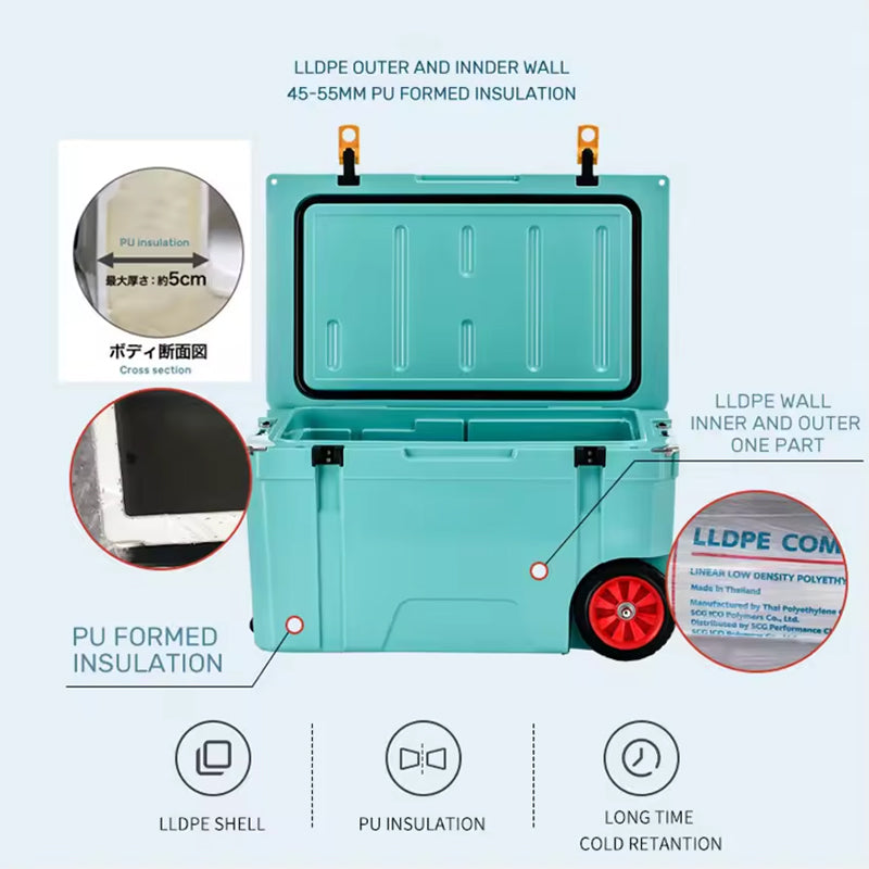 65Qt Short Travel Keep Cold Portable Ice Chest Box Camping Fishing Rotomolded Coolers Box With Wheels For Picnic