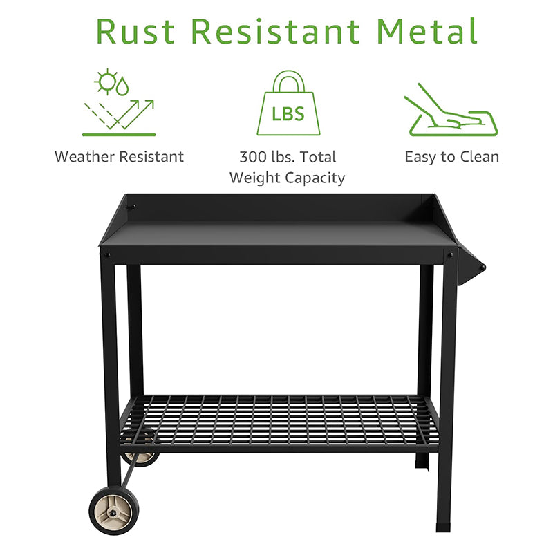 Weatherproof Metal Potting Bench with Wheels Planting Table Gardening Work Benches for Outside
