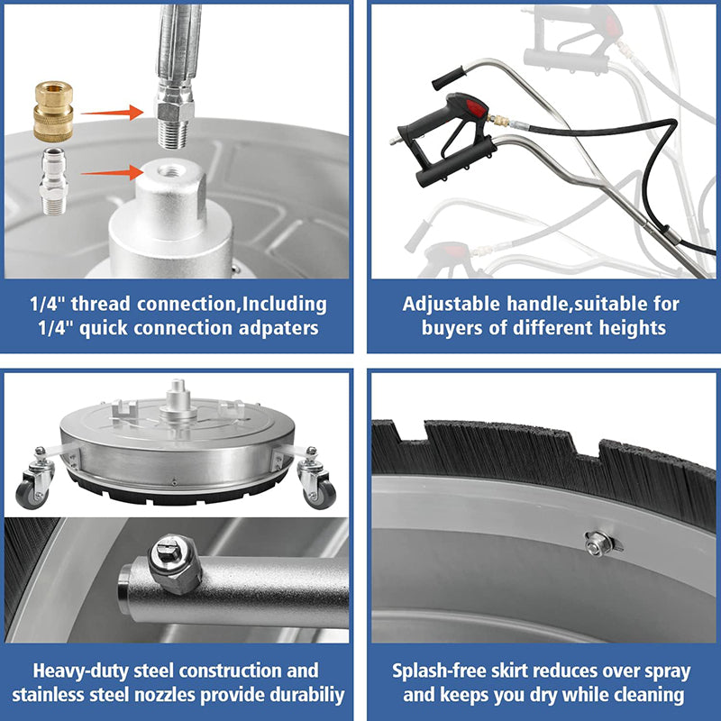 24'' Dual Handle Pressure Washer Surface Cleaner with 4 Wheels Stainless Steel Housing 4 Replacement Nozzle Cores and 2 Hose Adapters