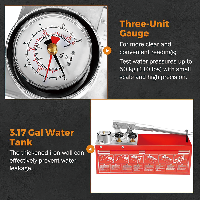 Hydraulic Pressure Test Pump, 3.17 Gallon Hydraulic Manual Water Pipe Leakage Pressure Tester Kit for Pipeline Pressure Container
