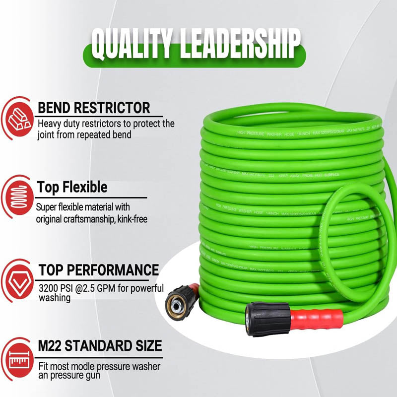 Pressure Washer Hose 75 FT With Leak-Free M22 Female & 3/8" Quick Connect Adapters, 1/4" 3200 PSI