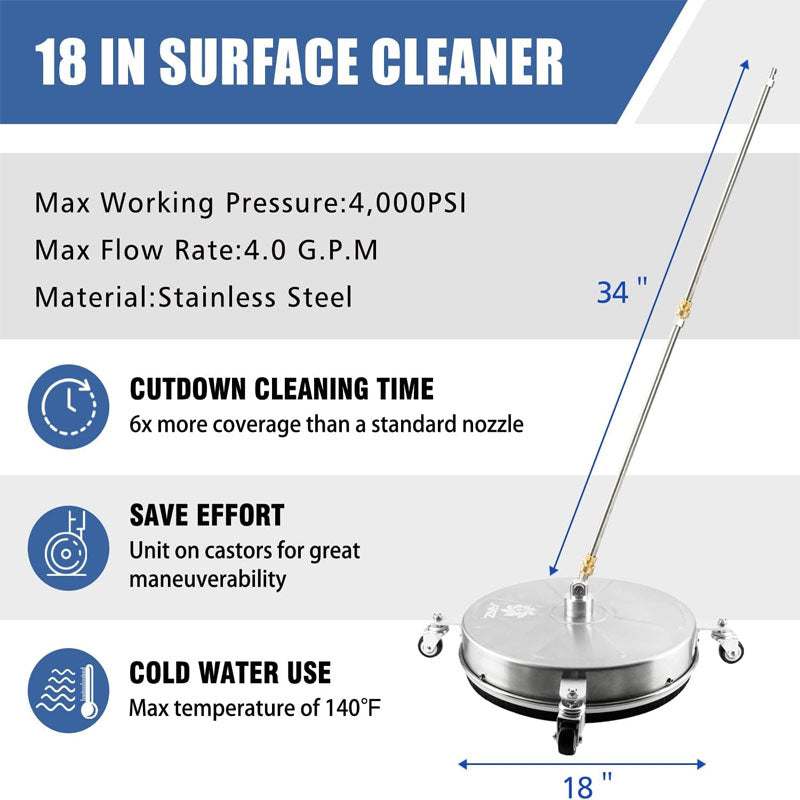 18" Pressure Washer Surface Cleaner with 4 Wheels,1/4" Quick Plug 2 Extension Wand Attachments