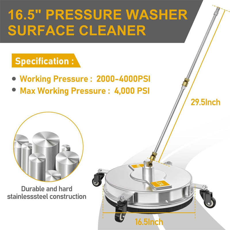 16.5'' Pressure Washer Surface Cleaner with 2 Extension Wand 2 Replacement Nozzles For Floor Driveway