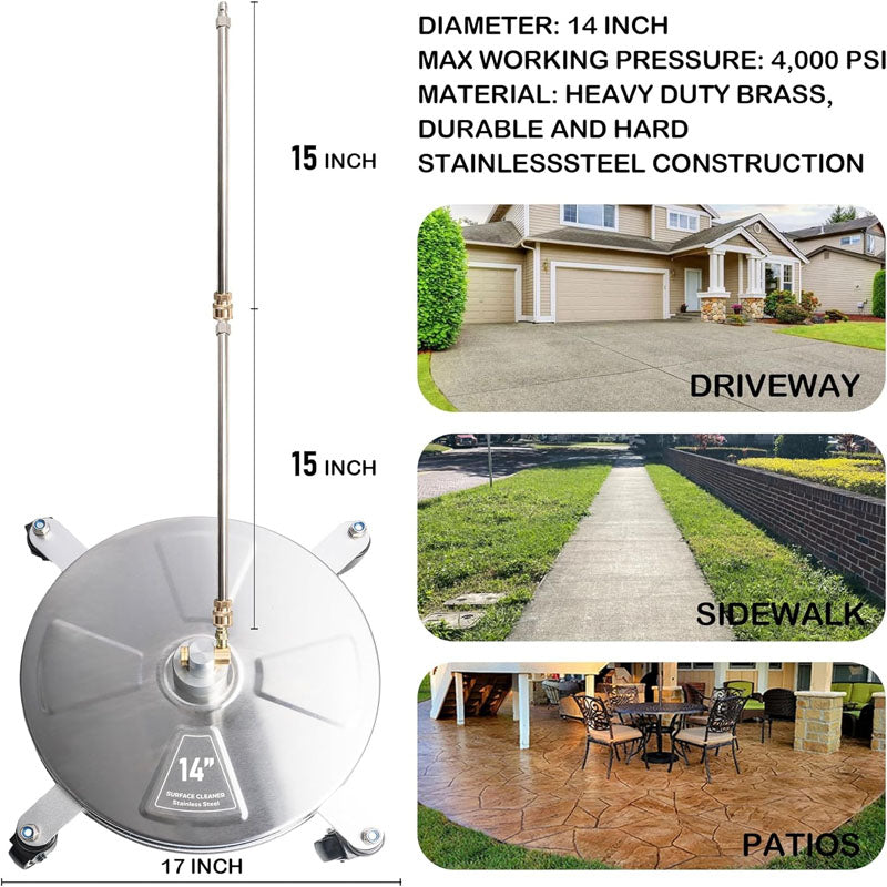 14 inch Pressure Washer Surface Cleaner with wheels 1/4" Quick-Connect Connector w/ 2 Extension Wand For Floor Driveway Patio