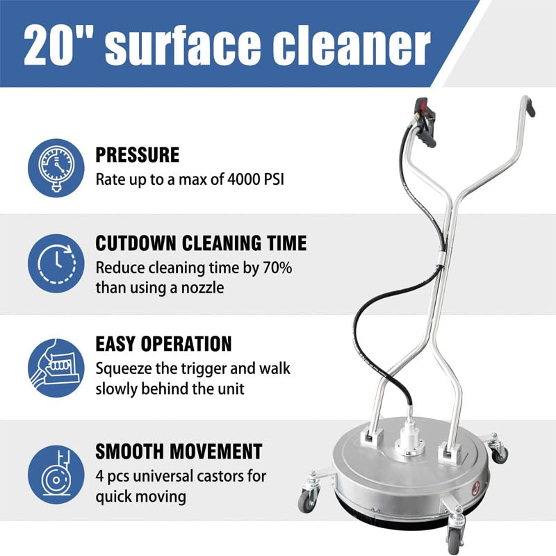20" Pressure Washer Surface Cleaner with 4 Wheels,Dual Handle, 4 Replacement Nozzles and 2 Hose Adapters