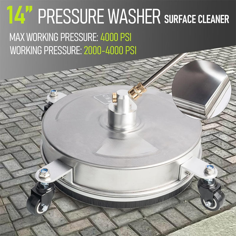 14 inch Pressure Washer Surface Cleaner with wheels 1/4" Quick-Connect Connector w/ 2 Extension Wand For Floor Driveway Patio