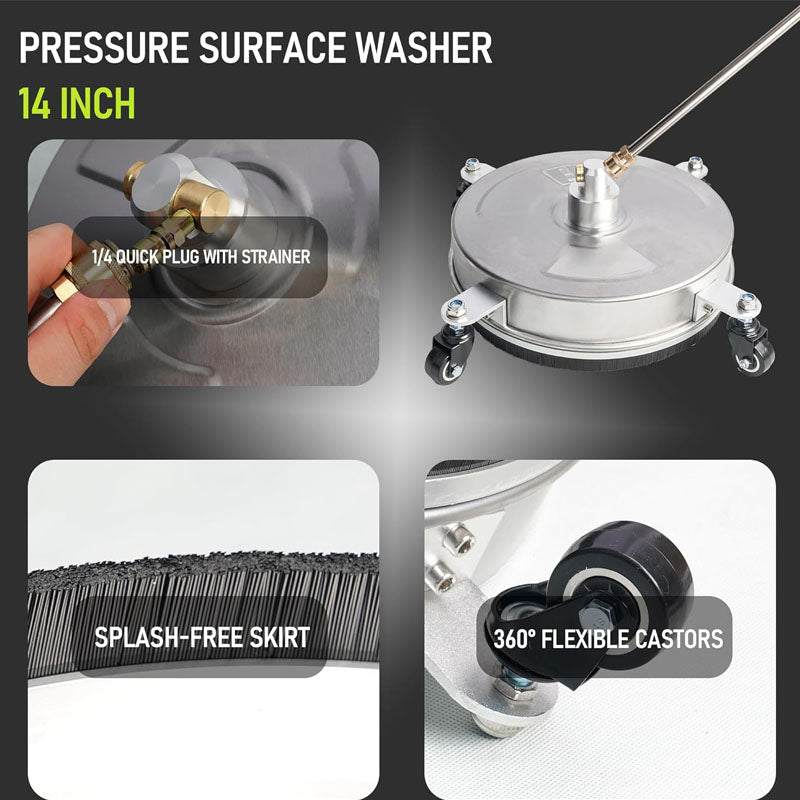 14 inch Pressure Washer Surface Cleaner with wheels 1/4" Quick-Connect Connector w/ 2 Extension Wand For Floor Driveway Patio