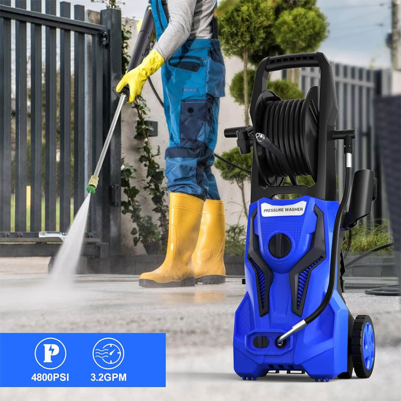 Electric Pressure Washer 4800 PSI 3.2 GPM with 25FT Pressure Hose Reel 4 Interchangeable Nozzle & Foam Cannon, Blue