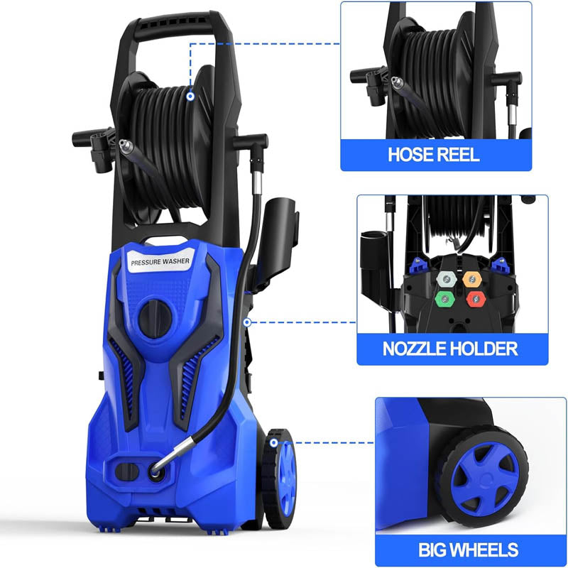 Electric Pressure Washer 4800 PSI 3.2 GPM with 25FT Pressure Hose Reel 4 Interchangeable Nozzle & Foam Cannon, Blue