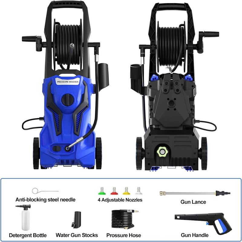 Electric Pressure Washer 4800 PSI 3.2 GPM with 25FT Pressure Hose Reel 4 Interchangeable Nozzle & Foam Cannon, Blue