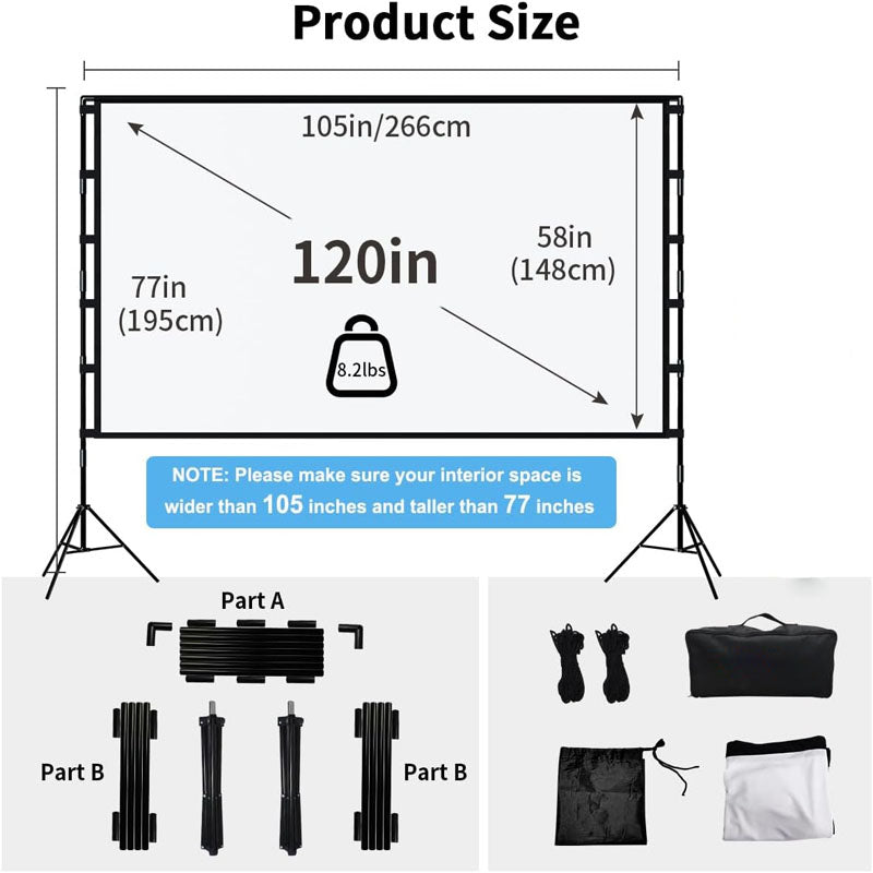 120 inch Projector Screens with Stand 16:9 4K 1080 HD Outdoor Movie Screen with Carry Bag