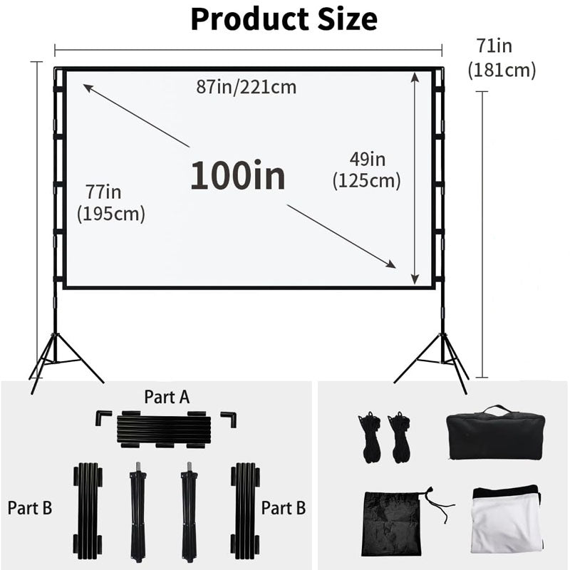 Tripod Projector Screen with Stand 100 inch Outdoor Projector Screen Portable Indoor Projection Screen 16:9 4K