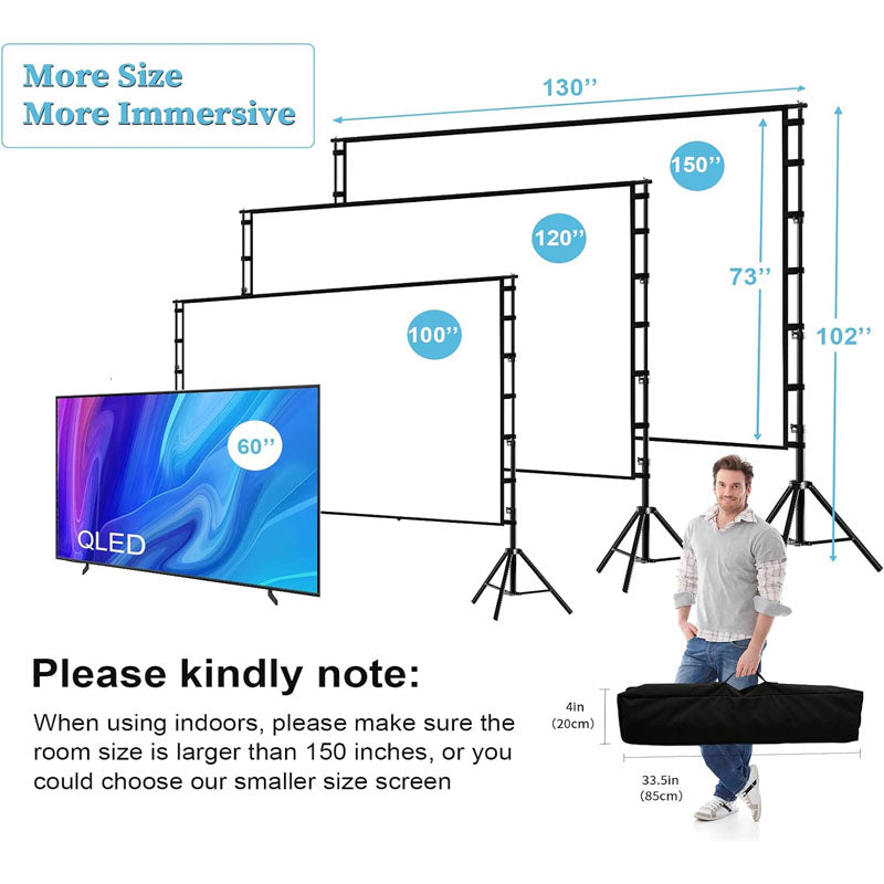 150 inch Projector Screens with Stand 16:9 4K 1080 HD Outdoor Movie Screen with Carry Bag Wrinkle-Free Design