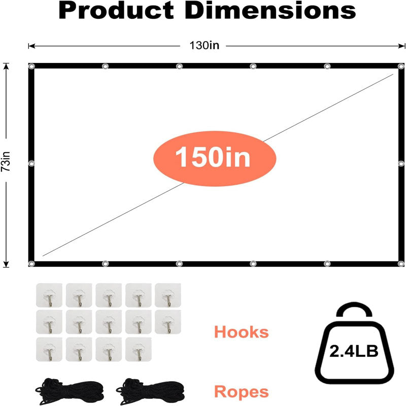 150 inch Projector Screen 16:9 HD Rear Front Movies Screen Indoor Outdoor Washable Anti-Crease