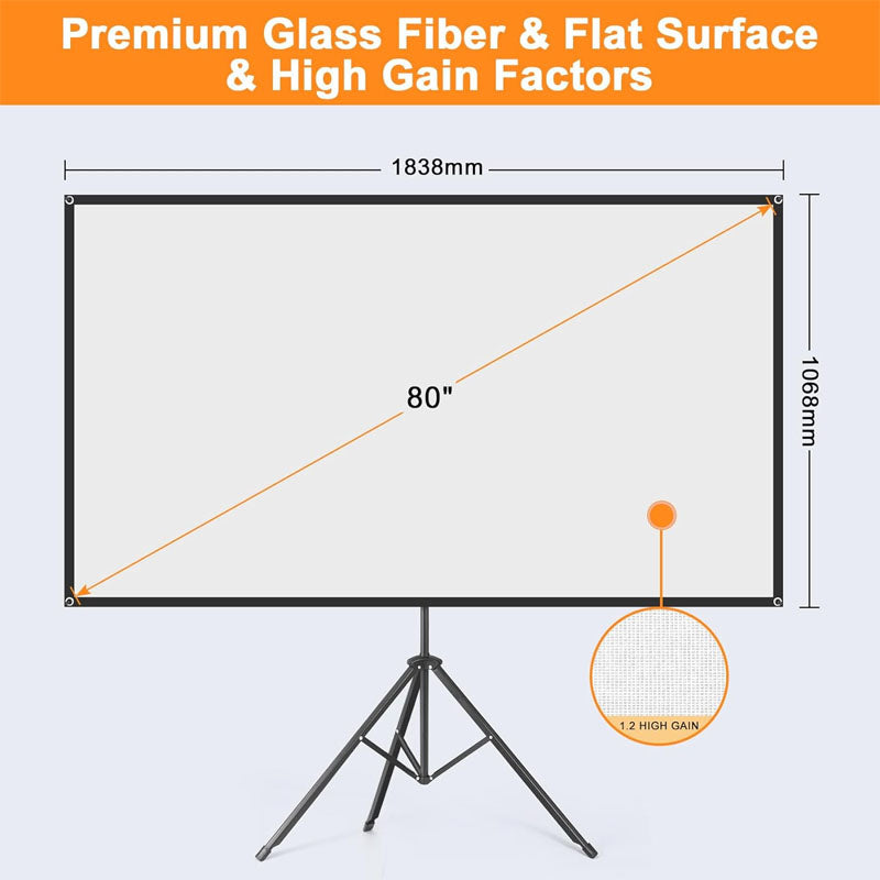 80 inch Projector Screen 16:9 Indoor Outdoor with Carrying Bag Stand Washable Anti-Crease