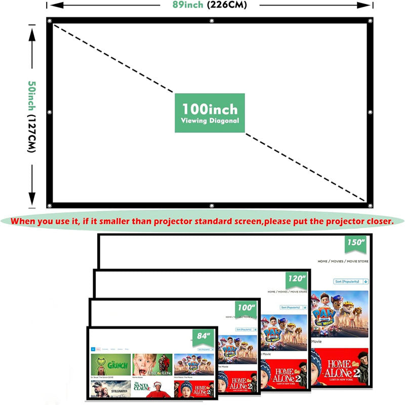 100 inch Projector Screen 16:9 HD Foldable and Portable Anti-Crease Indoor Outdoor Projection Double Sided Video Projector Screen