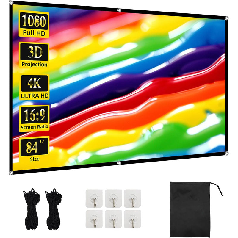 84 inch Projector Screen 16:9 HD 4K Portable Movies Screen Wrinkle-Free and Foldable for Home Theater Outdoor Indoor Support Double Sided Projection