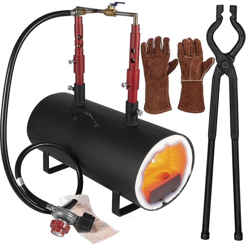 Propane Gas Forge, Dual Burner Forge Large Capacity Forge, Oval Propane Burner Forge with 16.85" V-Bit Pliers and Leather Welding Gloves for Farrier, Knife and Tool Making