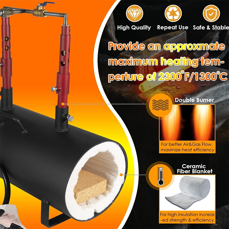 Propane Gas Forge, Dual Burner Forge Large Capacity Forge, Oval Propane Burner Forge with 16.85" V-Bit Pliers and Leather Welding Gloves for Farrier, Knife and Tool Making