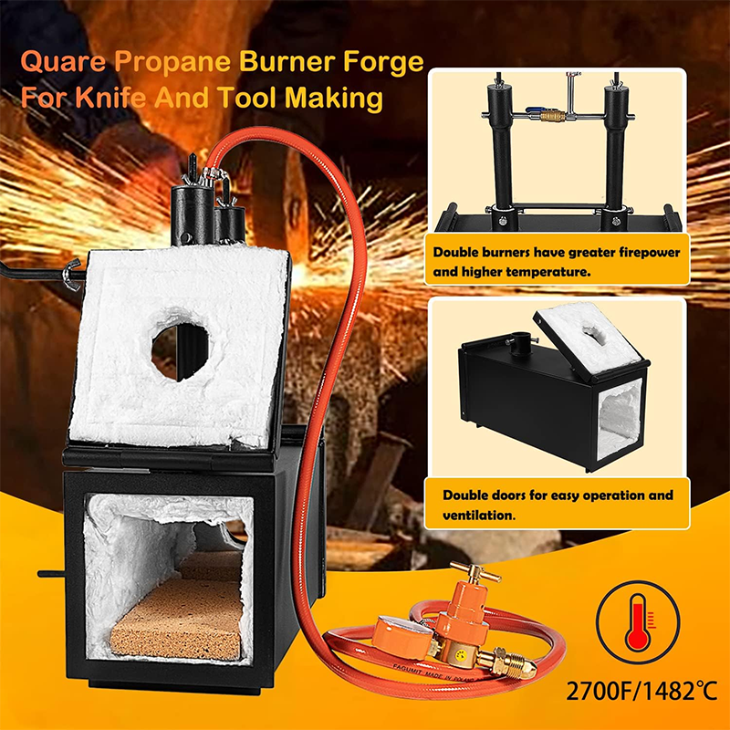 2700F/1482°C Propane Knife Forge Furnace with Dual Burners Portable Propane Forge Furnace, Large Capacity Horseshoe Forge Furnace, Square Propane Burner Forge Furnace for Knife and Tool Making