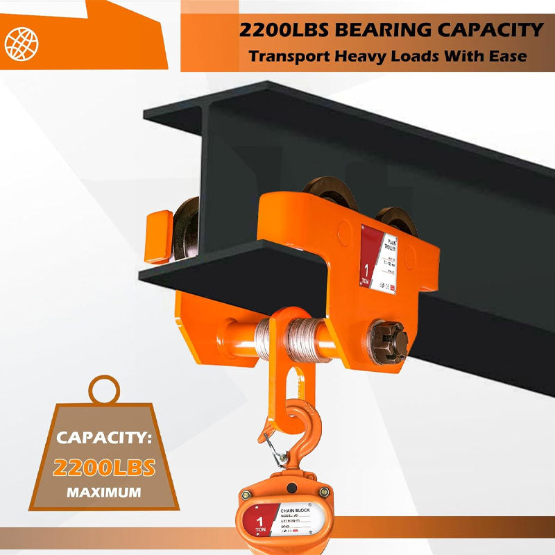1T/2200LBS Double Wheel Beam Trolley, Manual Hand Push Trolley Lifter With Double Track Rollers, Heavy Duty Alloy Steel Garage Lifter For Straight And Bent I-Beams