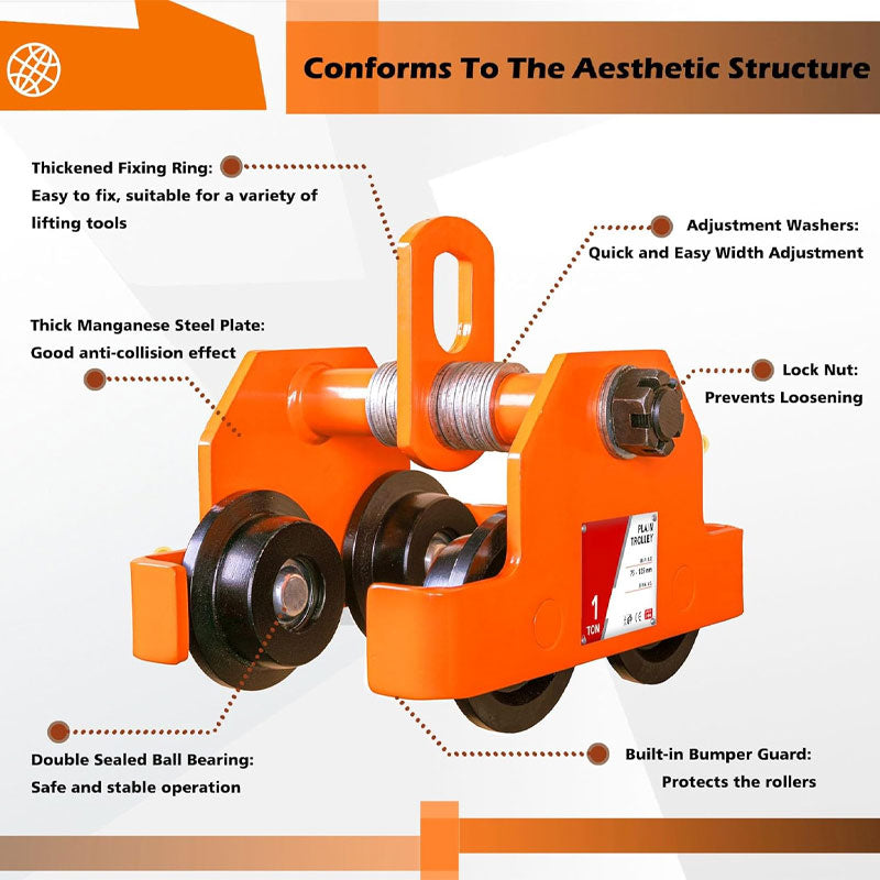 1T/2200LBS Double Wheel Beam Trolley, Manual Hand Push Trolley Lifter With Double Track Rollers, Heavy Duty Alloy Steel Garage Lifter For Straight And Bent I-Beams