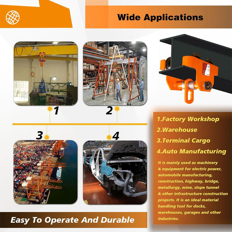 1T/2200LBS Double Wheel Beam Trolley, Manual Hand Push Trolley Lifter With Double Track Rollers, Heavy Duty Alloy Steel Garage Lifter For Straight And Bent I-Beams