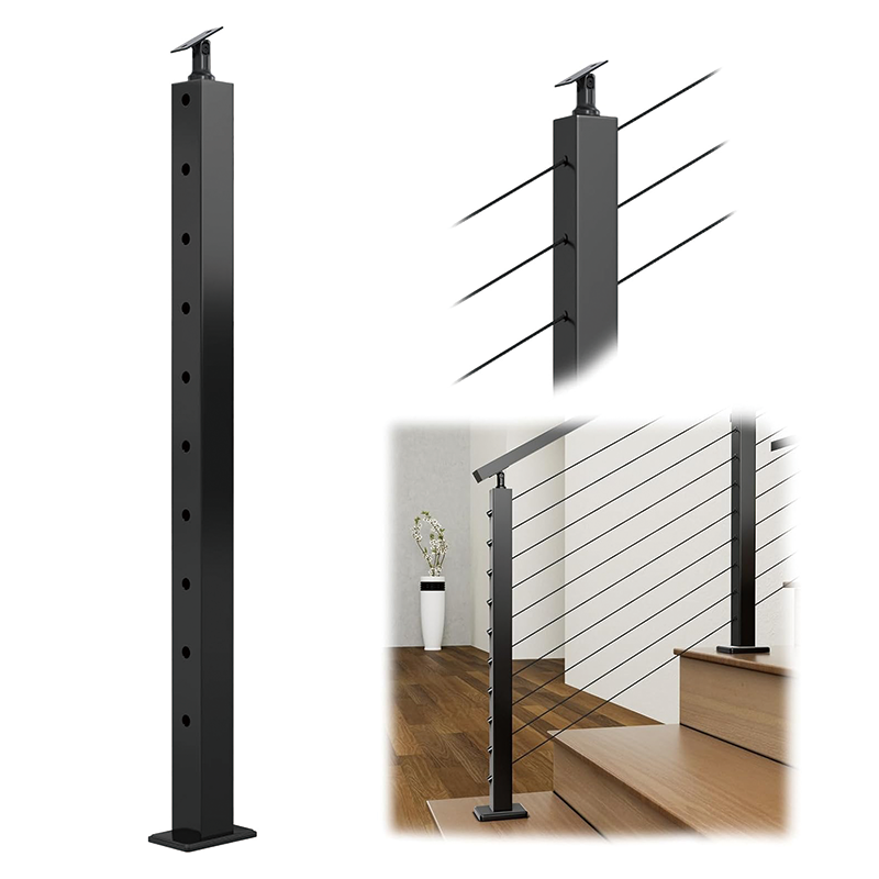 Railing Post Level Deck Stair Post,36"x2"x2",for 25-35 Degrees Stairway Adjustable Top Cable Railing Post Top Mount Stainless Steel Black Finish Wood Concrete Deck,Black