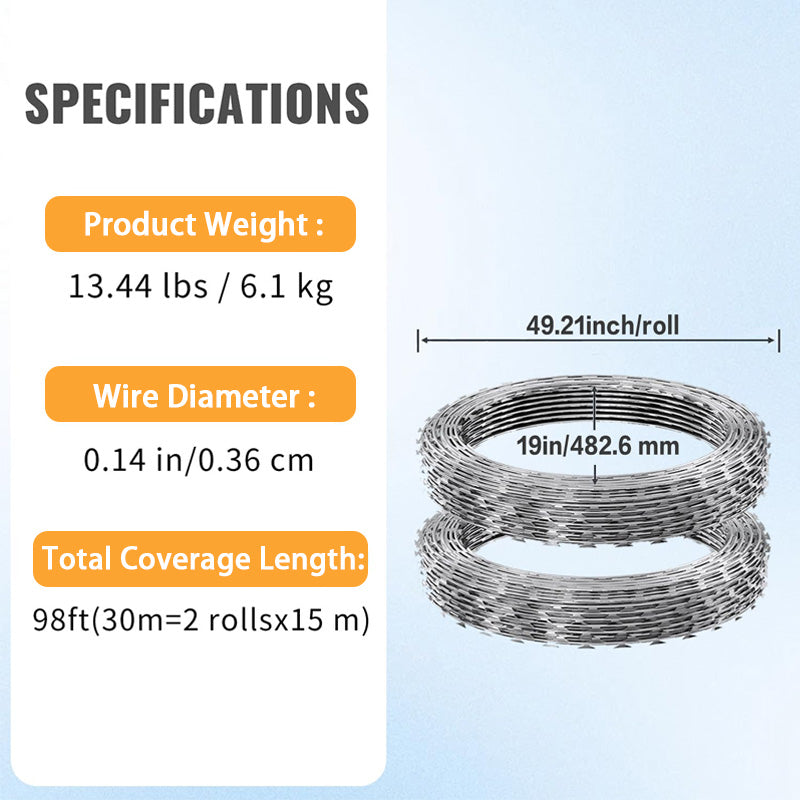 98ft Razor Wire, Galvanized Steel Wire Razor Wire Barbed Wire Concertina Wire Fence, 2 Rolls Razor Wire Fence